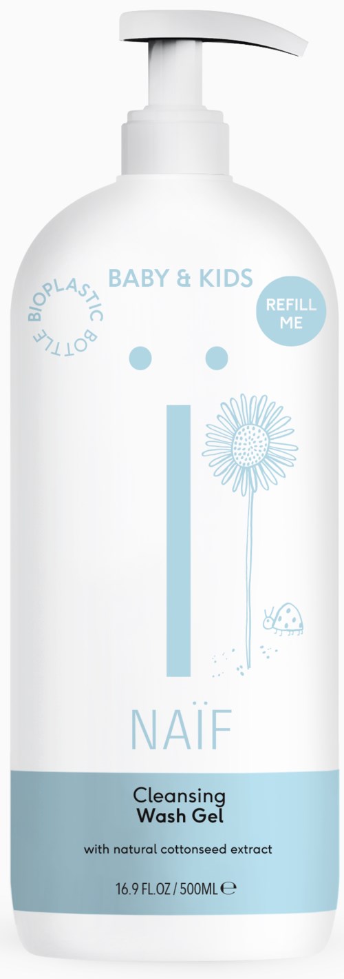Reinigungs-Wasgel für Babys und Kinder mit natürlichem Baumwollsaat-Extrakt, in weißer Flasche mit blauen Akzenten und Pumpe.