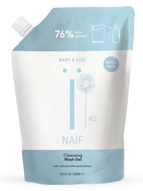 Nachfüllpackung für Baby- und Kinderwaschlgel, 76 % weniger Plastik, mit einfachem Blau-Weiß-Design.