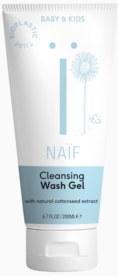 Eine weiße Tube mit Reinigungs-Waschgels für Babys und Kinder, mit blauen Akzenten, Blumenillustration und Text über natürliche Inhaltsstoffe.