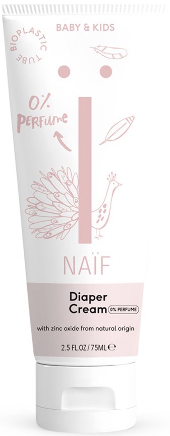 Eine weiße Tube mit rosa Text und Zeichnungen eines Vogels und Blättern, gekennzeichnet als Windelcreme für Babys und Kinder.