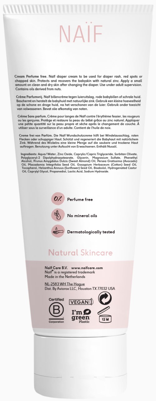 Weiße Tube mit Hautpflegeprodukt, pinker Text, betont natürliche Inhaltsstoffe, parfumfrei und cruelty-free.