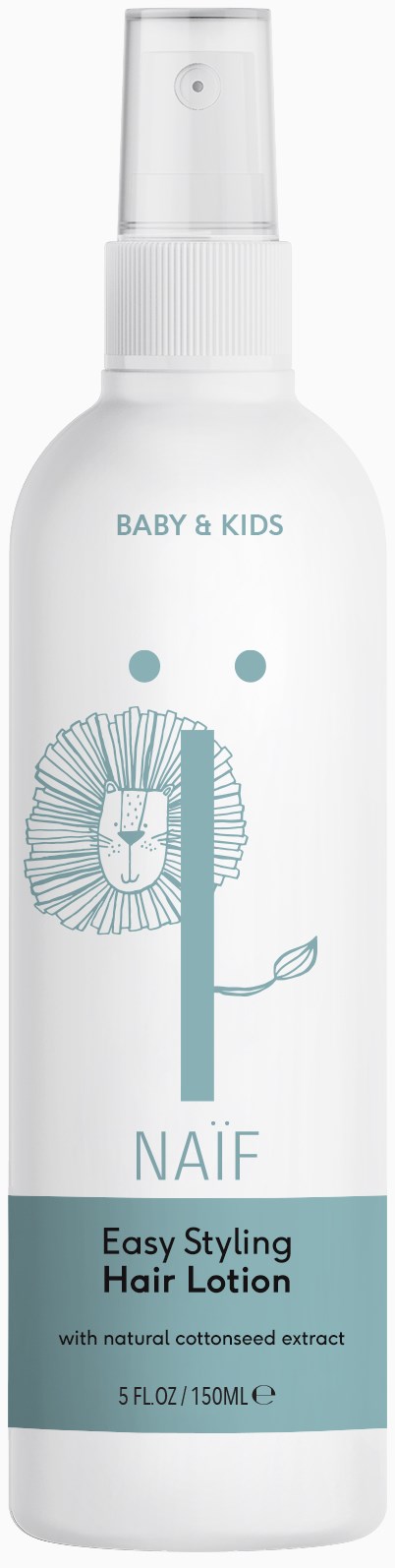 Eine weiße Sprühflasche mit der Aufschrift 'Baby & Kids', mit Löwenkopfzeichnung, für Haarglättung mit natürlichen Extrakten. 150 ml.
