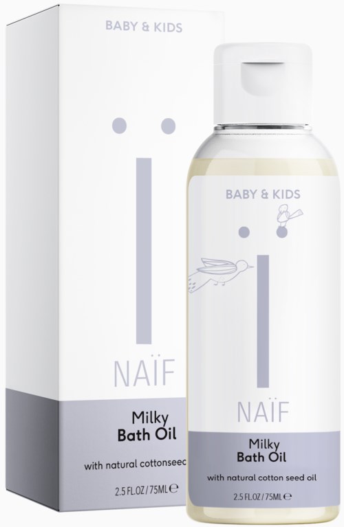 Eine Baby-Badöl-Flasche und Schachtel, beide für Kinder gekennzeichnet, haben ein einfaches weißes und lila Design mit Baby und Wal.