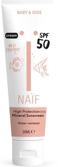 Ein weißer Sonnenschutzcremetube für Babys und Kinder mit SPF 50, reef-freundlich und wasserfest.