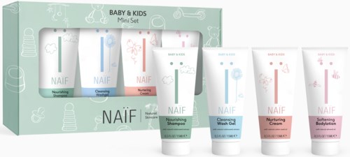Ein Pflege-Set für Babys und Kinder enthält nährendes Shampoo, Reinigungsgel, pflegende Creme und weichmachende Körperlotion.