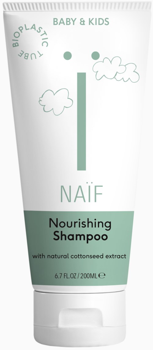 nährendes Shampoo für Babys und Kinder mit natürlichem Baumwollsaatextrakt, in einer Tube mit Wolken und einfachem Text.
