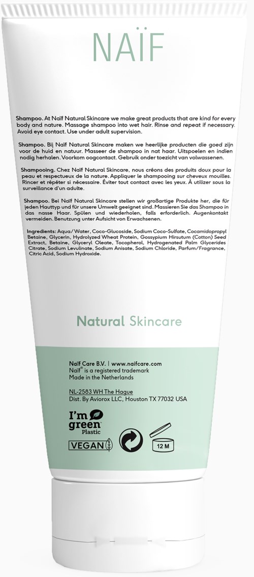 Eine weiße Tube mit NAIF-Shampoo, grüner Text und Logo, mit Inhaltsstoffen, Zertifizierungen und Gebrauchsanweisung.