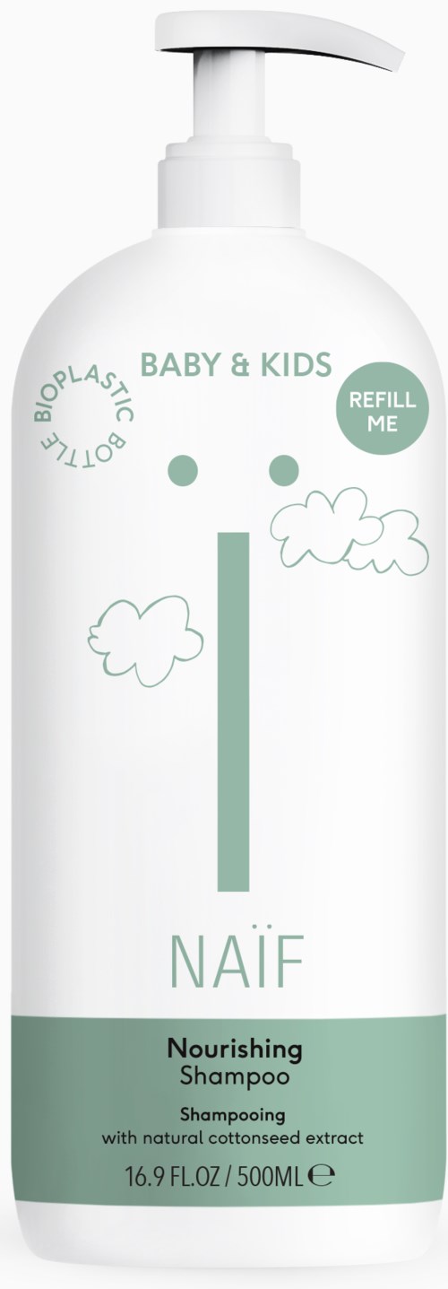 Flasche mit nährender Shampoo für Babys und Kinder mit Pumpe, süßes Gesicht, Wolken und sanfte Farben.