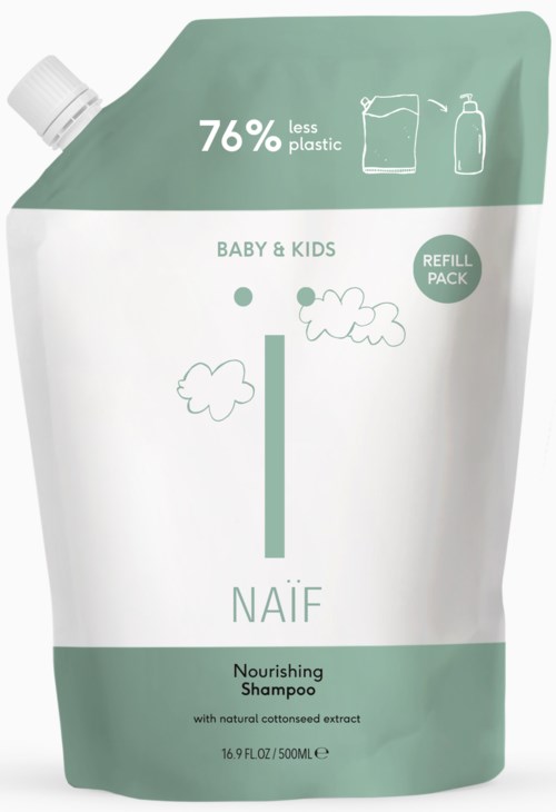 NAÏF Pflege-Shampoo für Babys und Kinder, Nachfüllpackung mit 76 % weniger Plastik und natürlichen Inhaltsstoffen.