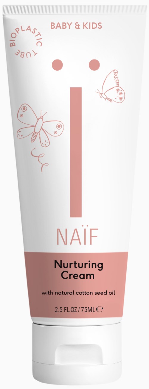 Eine weiße Tube mit rosa Akzenten, mit einem Gesicht mit zwei Punktaugen und einer geraden Mundlinie, und Schmetterlingen. Es ist für Baby- und Kinderpflegencreme.