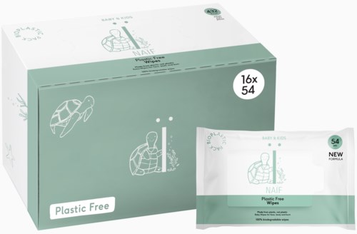 Eine Schachtel und Packung mit Babyfeuchttüchern, gekennzeichnet 'Plastic Free,' mit einer Schildkrötenlogo und grünem Design.