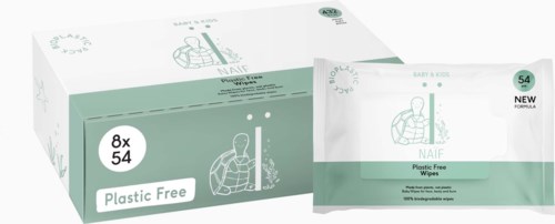 Förpackning och påse med plastfria våtdukar, märkta för barn och vuxna, med totalt 54 våtdukar.