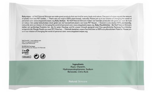 Text på förpackning som beskriver naturliga baby wipes och ingredienser som vatten, glycerin och citronsyra.