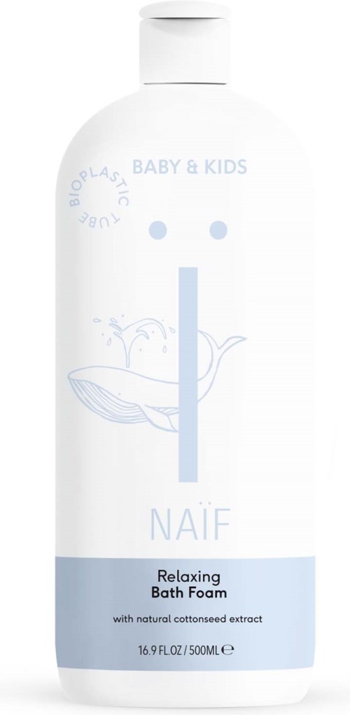 Eine weiße Flasche mit blauer Etikette, zeigt ein Wale und ein lachendes Gesicht, für Babys und Kinder, enthält Bade Schaum.