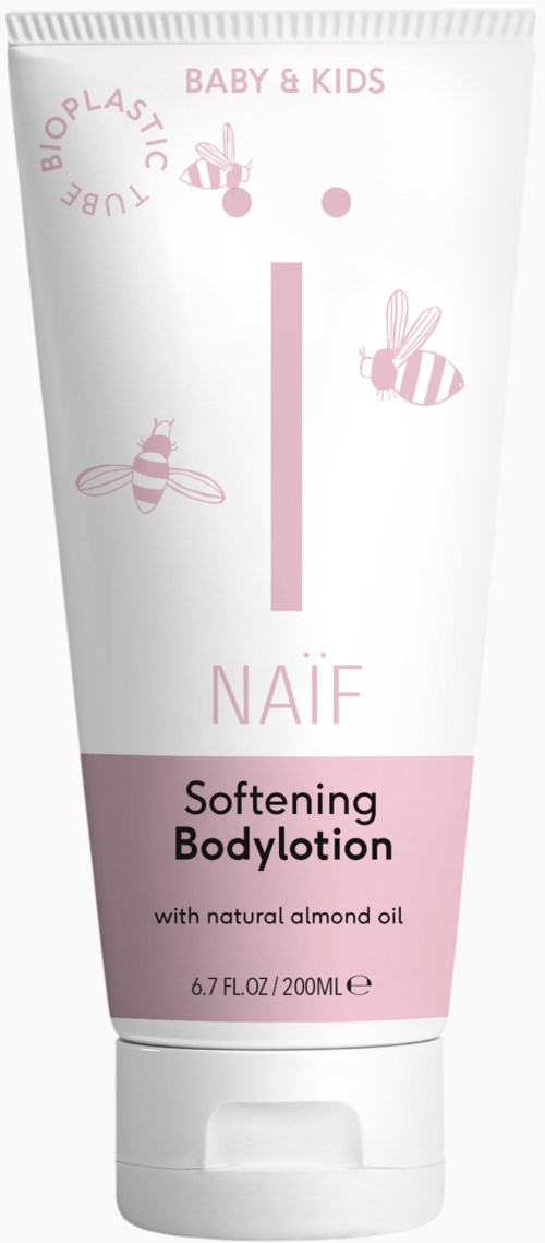 Eine weiße Tube mit Baby- und Kinderlotion, Illustration von Bienen und Honig, mit natürlichem Mandelöl und rosa Etikett.