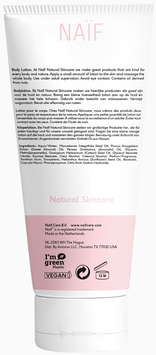 Ein weißer Hautpflege-Tub mit pinkem Text, enthält natürliche Körperlotion, vegan und für empfindliche Haut geeignet.
