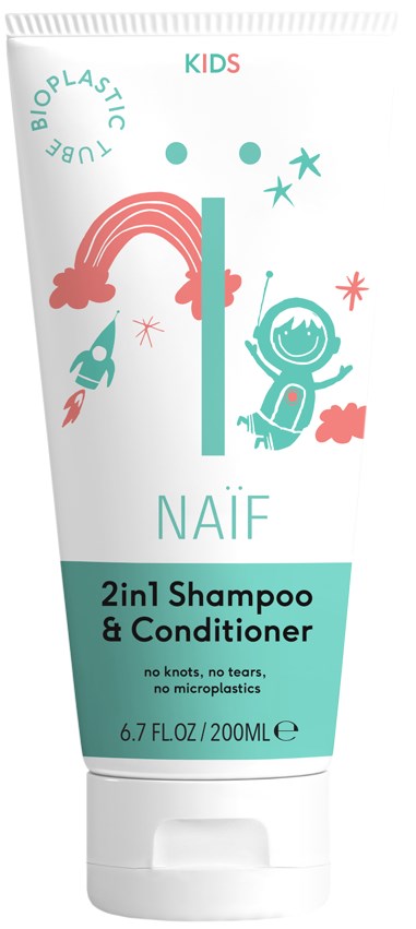Ein Kinder-Shampoo und Conditioner Tube mit bunten Zeichnungen von einem Regenbogen, einem Mädchen und Sternen, beschriftet 'NAÏF 2in1 Shampoo & Conditioner.'