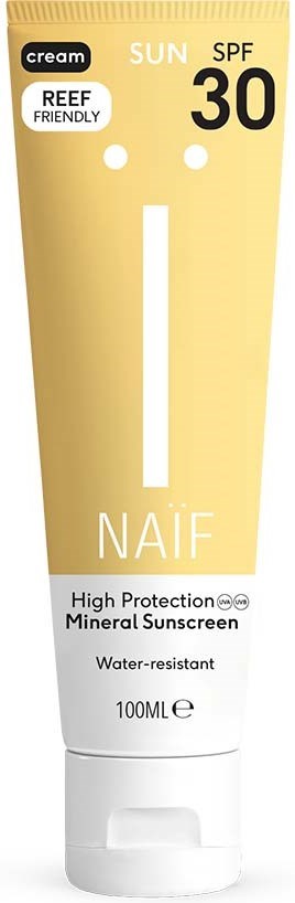 En gulvit tub med hög skyddande mineral solkräm med SPF 30, reefvänlig, vattentålig, 100 ml.
