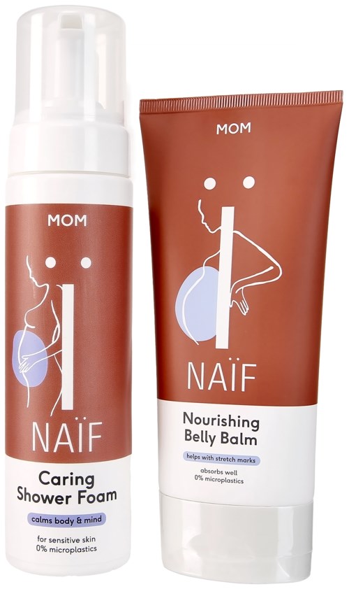 Zwei Hautpflegeprodukte von MOM, eines ist Caring Shower Foam und das andere Nourishing Belly Balm, beide in braunen Verpackungen.