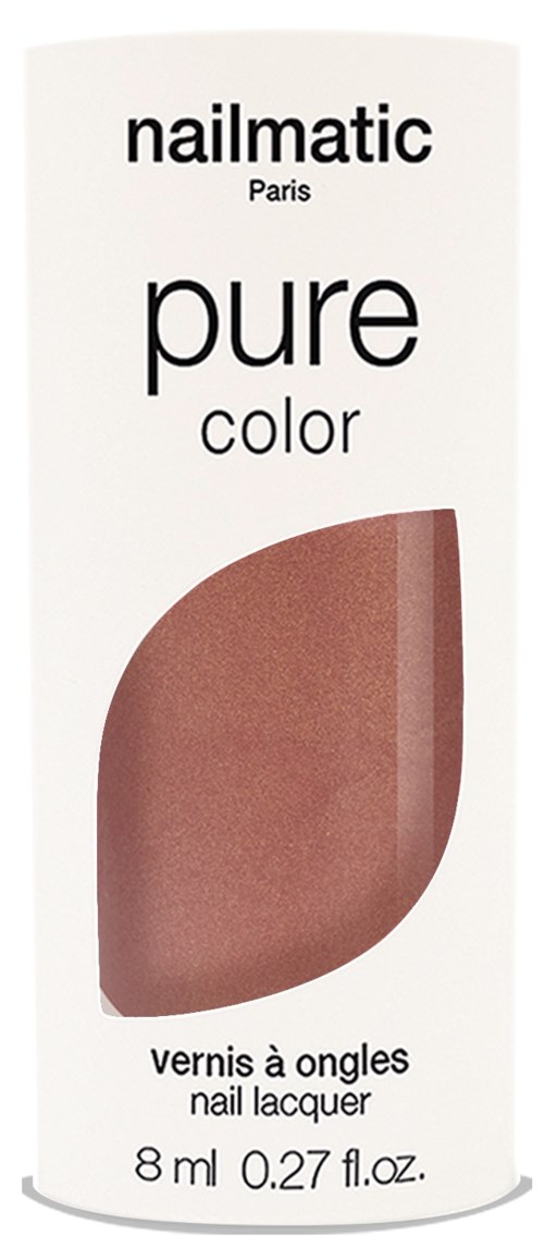 A white box with black text showing nail polish from Nailmatic Paris, labeled 'pure color' and 'nail lacquer.'