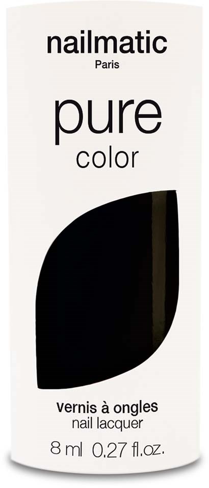 A white box with black text that says "nailmatic Paris" and "pure color." It shows a black nail polish bottle and text about nail lacquer.
