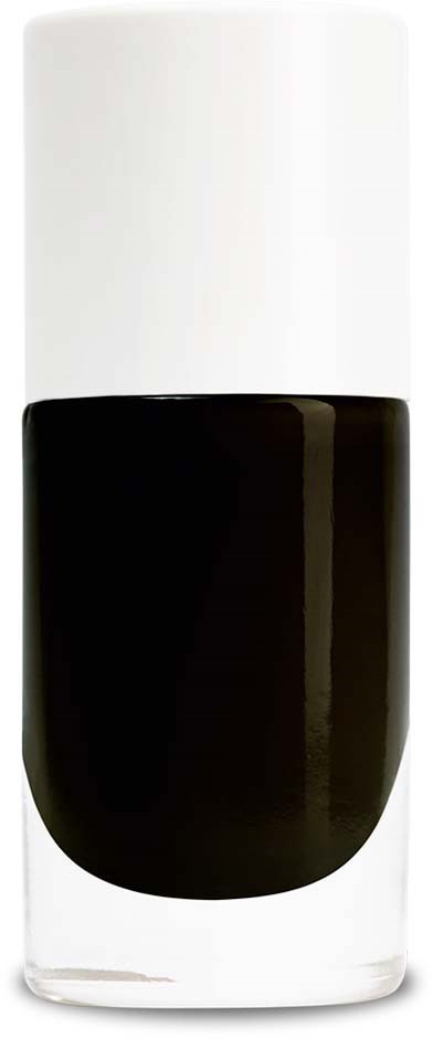 A black nail polish bottle with a white cap, inside a clear glass container.