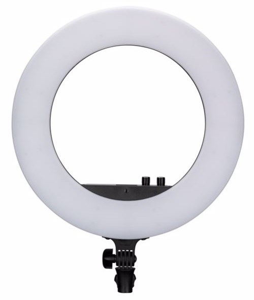 Eine runde LED-Ringlampe mit verstellbarem Ständer und Steuerknöpfen.