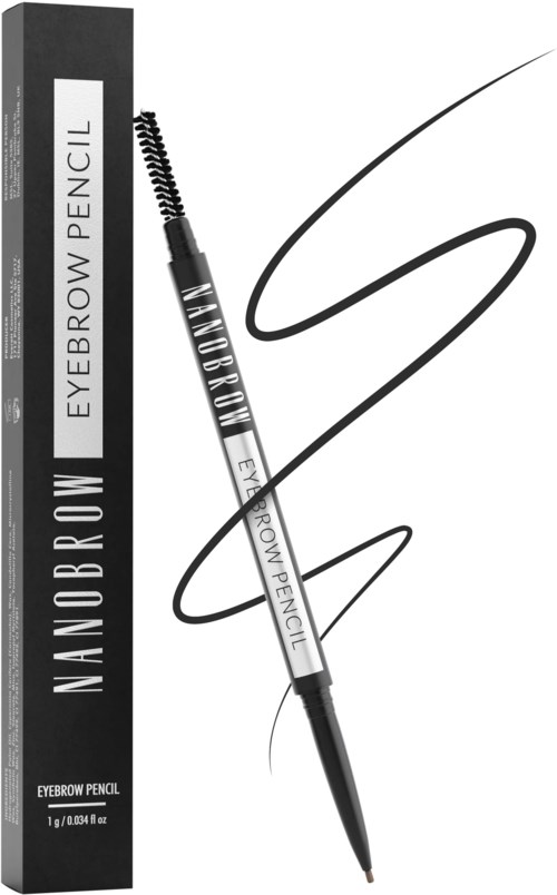 En svart förpackning märkt 'NANOBROW EYEBROW PENCIL' bredvid en ögonbrynspenna med borste och en kurvig linje.