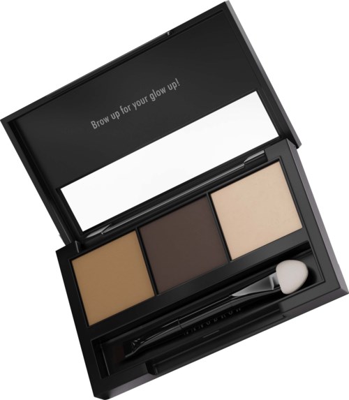 Makeuppalett med tre nyanser: ljus, mörk och beige, tillsammans med en borste i ett svart låda.