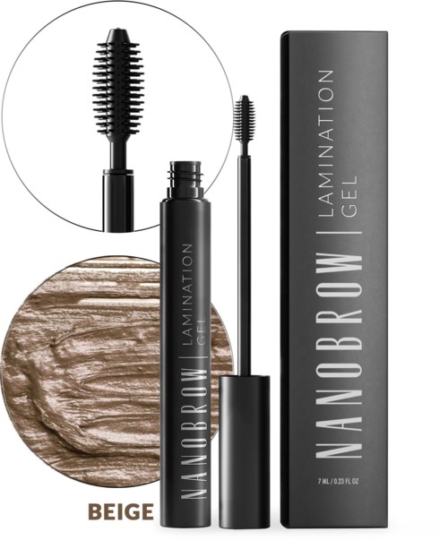 En beige bryngel med svart rör och borste, bredvid en låda märkt 'NANOBROW LAMINATION GEL'.