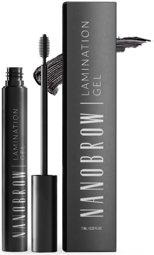 En svart tub med bryngel och borste, och en matchande förpackning märkt 'NANOBROW LAMINATION GEL'.