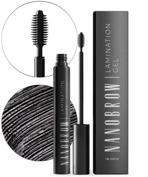 Mascara rör, borste och förpackning för brynlamineringsgel. Enkel svart design med vitt text.