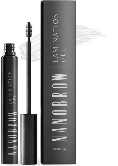 Een zwarte mascara tube met een kwast en een doos met 'NANOBROW LAMINATION GEL' in witte letters.