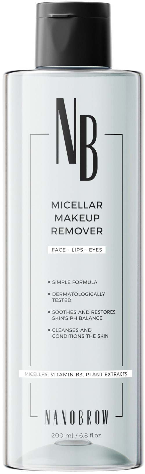Een doorzichtige plastic fles met zwarte dop, gelabeld 'Nanobrow Micellar Makeup Remover' voor gezicht, lippen en ogen.