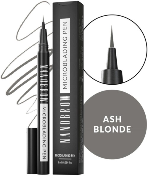 Een zwarte pen genaamd "Nano Brow" met een kleine punt, voor microblading, kleur is ash blonde.