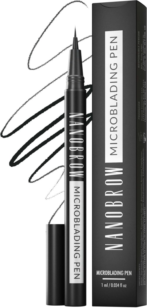 Een zwarte pen met 'Nanobrow'-label, weergegeven met zwarte lijnen voor wenkbrauwen en 'Microblading Pen'.