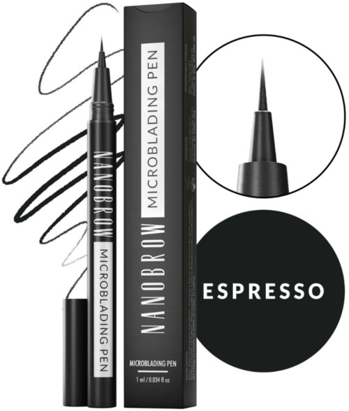 Een zwarte microblading-pen, de verpakking en het woord 'Espresso' in een cirkel. Punt van de pen dicht bij de cirkel.