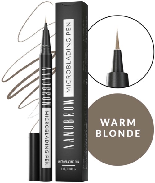Een zwarte microblading-pen met fijne punt, verpakkingsmateriaal en voorbeelden van warm blonde wenkbrauwen.