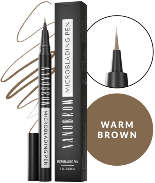 Een zwarte pen met fijne punt, gelabeld 'NANOBROW MICROBLADING PEN', voor wenkbrauwmake-up in warm bruin.