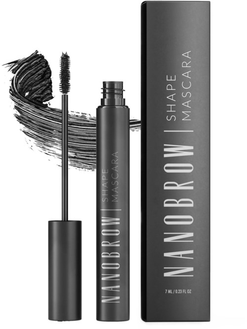 Een zwarte mascara-tube met kwast, naast de doos met de naam 'NAUTORIUM SHAPE MASKARA'.