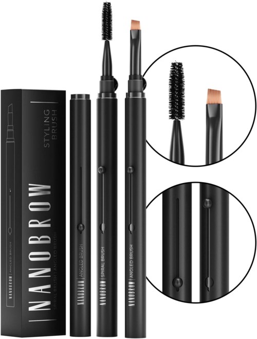 Een set van drie zwarte schoonheidsinstrumenten inclusief een mascara, wenkbrauwpotlood en oogschaduwkwast met close-up details.