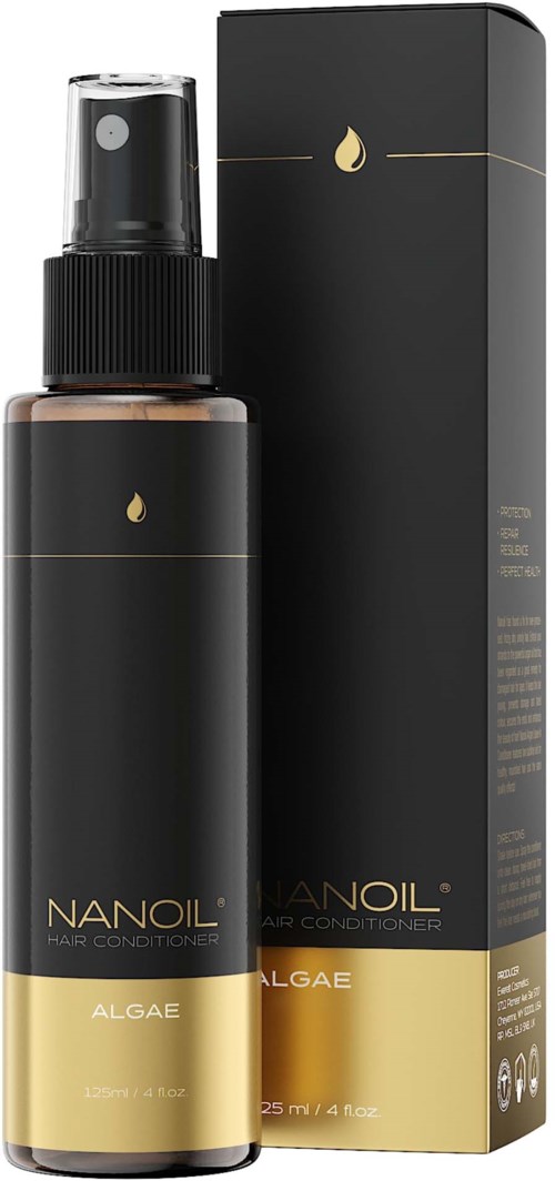 A black spray bottle labeled 'NANOIL' with a gold band, next to a matching black and gold box.