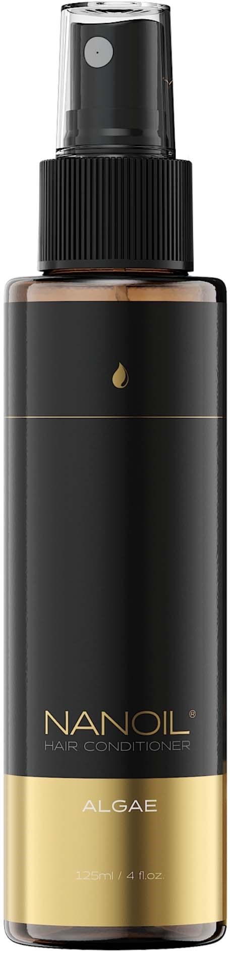 A brown and black bottle with a pump, labeled 'NANOIL' and 'ALGAE', likely a hair care product.
