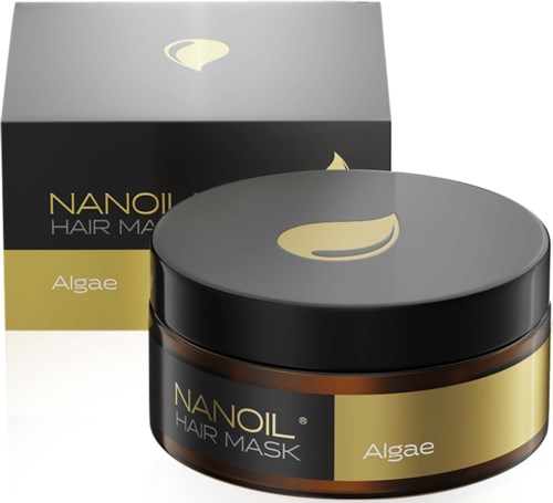A jar and box of NanOil algae hair mask, with black and gold packaging.