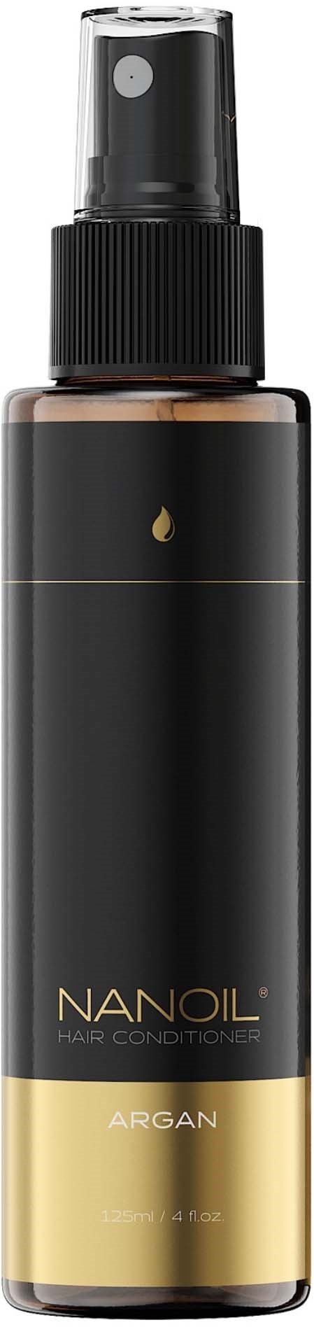 A black and gold spray bottle for hair conditioning labeled 'NANOIL Argan' with a pump top.