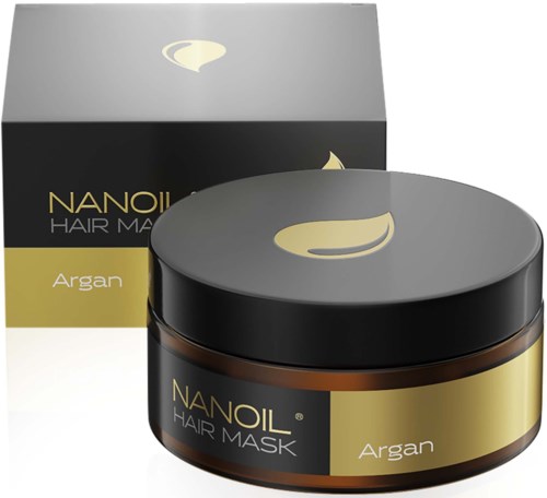 A jar labeled Nanoil Hair Mask Argan with a gold and black box behind it, likely containing hair treatment product.