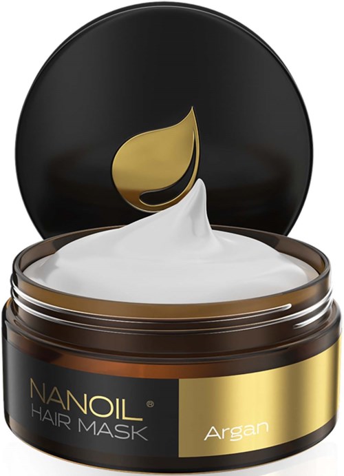 A jar of hair mask with argan, open lid, creamy inside, black and gold packaging, brand name Nanoil.