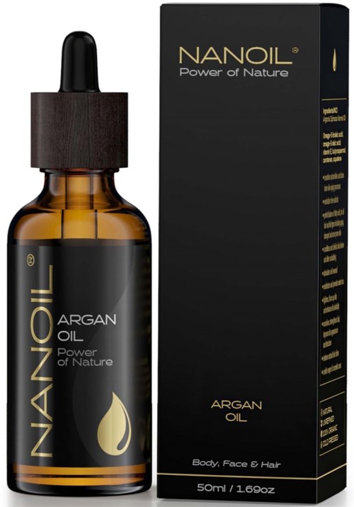 A small brown bottle with a black and gold label and dropper, next to a black box. It is argan oil.