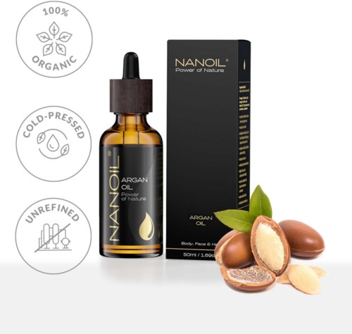 Argan oil in a dropper bottle, with a box and natural argan nuts, highlighting organic, cold-pressed, and unrefined features.