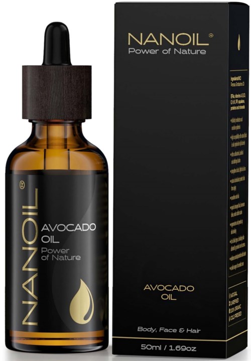 A small brown bottle with a black cap and dropper; labeled 'NANOIL Avocado Oil'. Beside it, a tall black box.